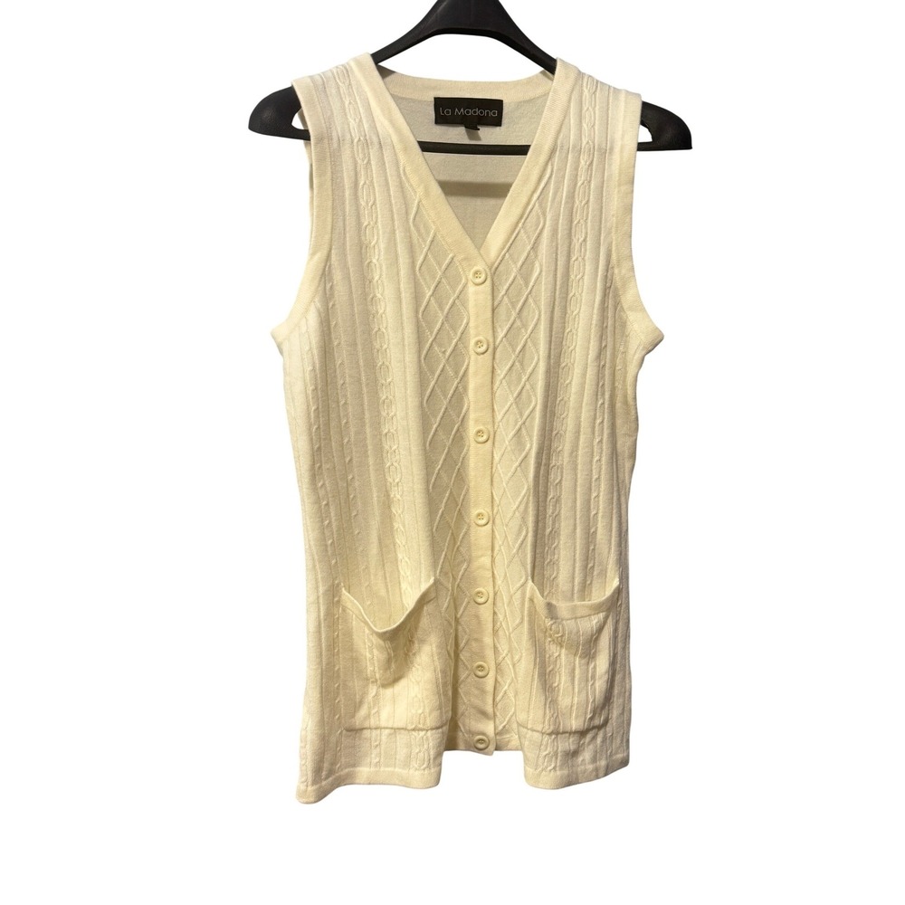 La Madona Cream Cable Knit Button Up Vest Sleeveless Cardigan Sm V-Neck Pocket